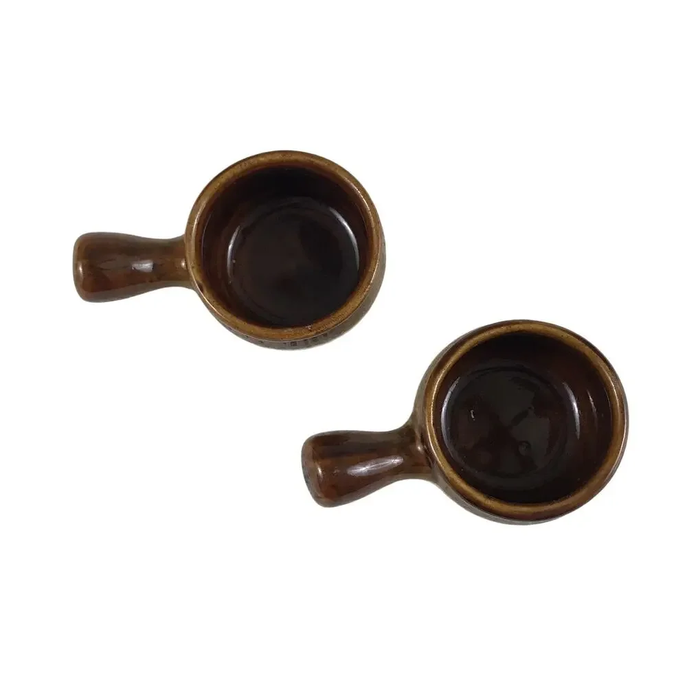 Stoneware Soup Crocks Brown Tan Glazed Two Tone Mini with Handle Set of 2